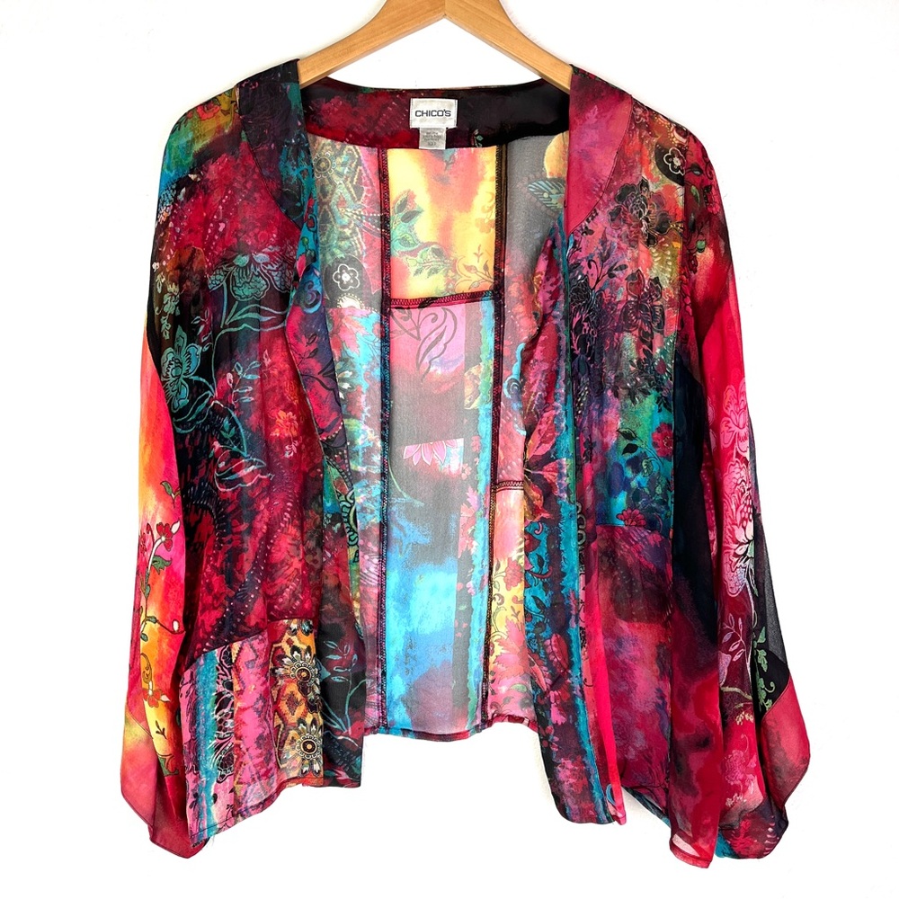 Chico's Vibrant Multicolor Sheer Floral Open Kimono